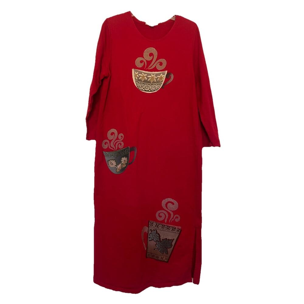 Vtg 1990s Mittu’s Red Sz Large Dress Coffee Cup Embroidered Cotton Maxi‎ Sheath